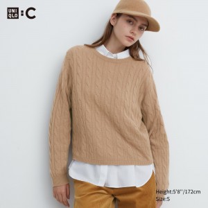 UNIQLO 100pct Cashmere Cable Knit Crew Neck Cropped Jumper Bej Rengi | 146-ESVMYP