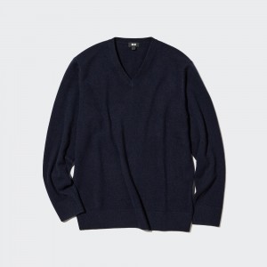 UNIQLO 100pct Cashmere V Neck Jumper Lacivert | 763-CDBFJX