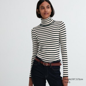 UNIQLO 100pct Extra Fine Merino Ribbed Striped Turtleneck Jumper Beyaz | 301-CWBNDH