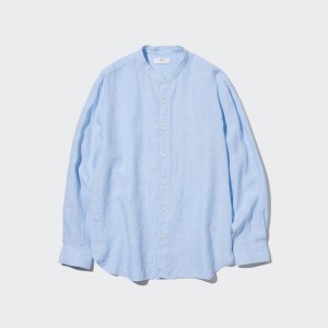 UNIQLO 100pct Premium Linen Regular FiT-Shirt Grandad Collar Mavi | 067-FDMKVL