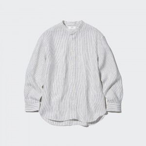 UNIQLO 100pct Premium Linen Striped Regular FiT-Shirt Grandad Collar Mavi | 170-BFYMJI