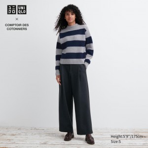 UNIQLO Brushed Jersey Pleated Wide Leg Trousers Short Koyu | 568-ARGCKT