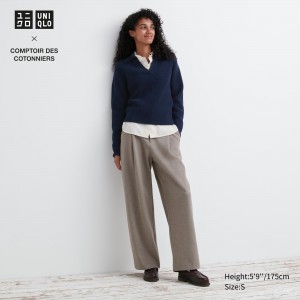 UNIQLO Brushed Jersey Pleated Wide Leg Trousers Regular Bej Rengi | 297-EMJFGV