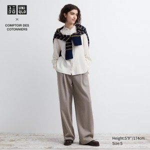 UNIQLO Brushed Jersey Pleated Wide Leg Trousers Long Bej Rengi | 472-VGBNHO