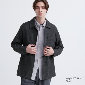 UNIQLO Brushed Twill Checked Long Sleeved Overshirt Koyu | 605-BIJWZH