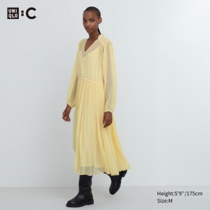 UNIQLO Chiffon Pleated Long Sleeved Dress Sarı | 671-IDSCLV