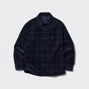 UNIQLO Corduroy Oversized Checked Shirt Lacivert | 460-YLBHZQ