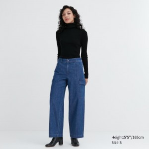 UNIQLO Denim Wide Leg Cargo Trousers Mavi | 347-ULJBZF