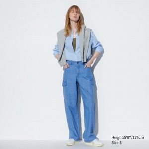 UNIQLO Denim Wide Straight Leg Cargo Trousers Long Mavi | 834-VSEDMC