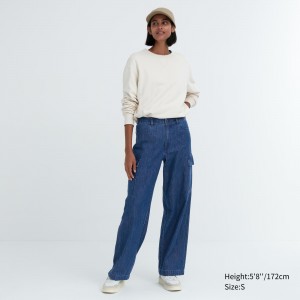 UNIQLO Denim Wide Straight Leg Cargo Trousers Long Mavi | 307-RCFEMZ