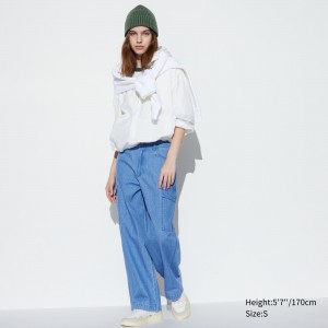 UNIQLO Denim Wide Straight Leg Cargo Trousers Mavi | 217-RDVPBL