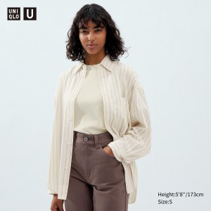 UNIQLO Drape Striped Long Sleeved Shirt Natural | 376-QJTRHA