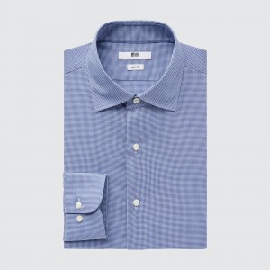 UNIQLO Easy Care Stretch Slim Fit Checked Shirt Semi Cutaway Collar Mavi | 083-FCZIDG