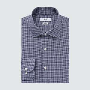 UNIQLO Easy Care Stretch Slim Fit Checked Shirt Semi Cutaway Collar Lacivert | 261-WQDANR