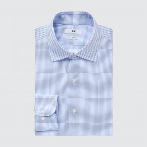 UNIQLO Easy Care Stretch Slim Fit Checked Shirt Semi Cutaway Collar Mavi | 537-KJIDSN