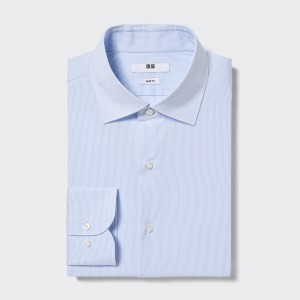 UNIQLO Easy Care Stretch Slim Fit Striped Shirt Semi Cutaway Collar Mavi | 520-VSDHOT