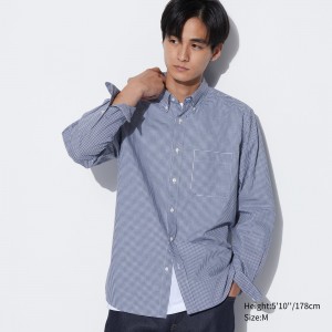 UNIQLO Extra Fine Cotton Broadcloth Regular Fit Checked Shirt Button Down Collar Mavi | 756-FMHRUQ