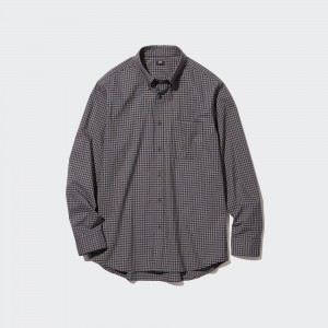 UNIQLO Extra Fine Cotton Broadcloth Regular Fit Checked Shirt Button Down Collar Kahverengi | 831-YXZVGO