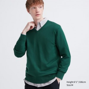 UNIQLO Extra Fine Merino V Neck Jumper Yeşil | 586-ZHNJGL