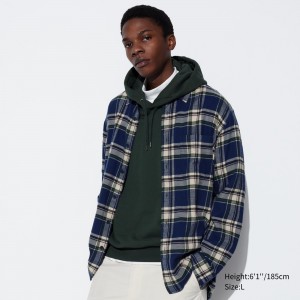 UNIQLO Flannel Regular Fit Checked Shirt Regular Collar Mavi | 271-NCRHWZ