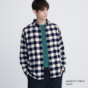 UNIQLO Flannel Regular Fit Checked Shirt Regular Collar Beyaz | 562-YZMRXC