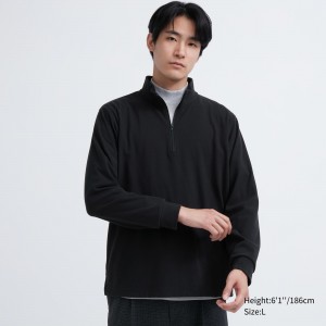 UNIQLO Fleece Stretch Half Zipped Long Sleeved T-Shirt Siyah | 042-KBRWUC