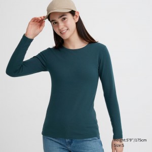 UNIQLO Heattech Extra Warm Cotton Crew Neck Long Sleeved Thermal Top Koyu Yeşil | 168-COLRMH