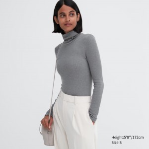 UNIQLO Heattech Extra Warm Seamless Ribbed Turtleneck Long Sleeved Thermal Top Gray | 254-MKYRPQ