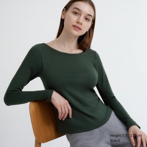 UNIQLO Heattech Ribbed Scoop Neck Long Sleeved Thermal Bra Top Koyu Yeşil | 705-ETPZGF