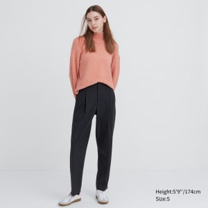 UNIQLO Heattech Striped Pleated Trousers Long Lacivert | 032-OUAFWM