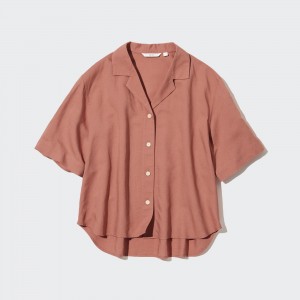 UNIQLO Linen Blend Open Collar Short Sleeved Shirt Kahverengi | 516-VTRBJW