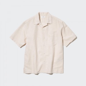 UNIQLO Linen Blend Short Sleeved Shirt Open Collar Natural | 518-GZCFAL