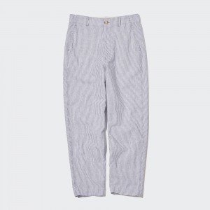 UNIQLO Linen Cotton Blend Striped Tapered Trousers Mavi | 125-FNPDIV