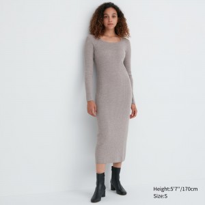 UNIQLO Merino Blend Fitted U Neck Long Sleeved Dress Gray | 816-NRMKUY