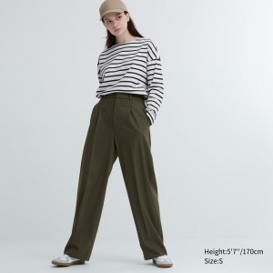 UNIQLO Pleated Wide Leg Trousers Zeytin Yeşili | 504-QBIKUG