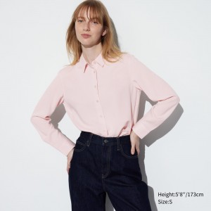 UNIQLO Rayon Long Sleeved Blouse Pembe | 359-NIYOXQ