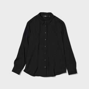 UNIQLO Rayon Long Sleeved Blouse Siyah | 047-XKMNDW