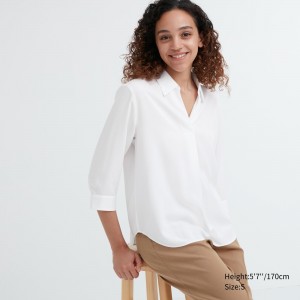 UNIQLO Rayon Skipper Collar 34 Sleeved Blouse Beyaz | 360-HUKOGD