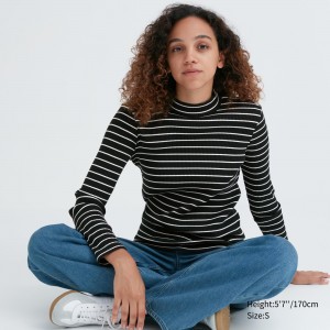 UNIQLO Ribbed Striped High Neck Long Sleeved T-Shirt Siyah | 269-ICSHVA