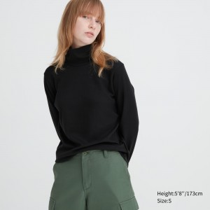 UNIQLO Smooth Cotton Stretch Turtleneck Long Sleeved Top Siyah | 026-YLNUST