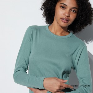 UNIQLO Soft Ribbed Fitted Crew Neck Long Sleeved T-Shirt Yeşil | 174-AZLYXO