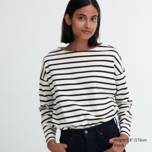 UNIQLO Striped Long Sleeved T-Shirt Beyaz | 160-MUFDVS