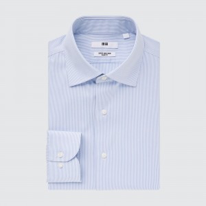 UNIQLO Super Non Iron Slim Fit Striped Shirt Semi Cutaway Collar Mavi | 834-HBJAXS