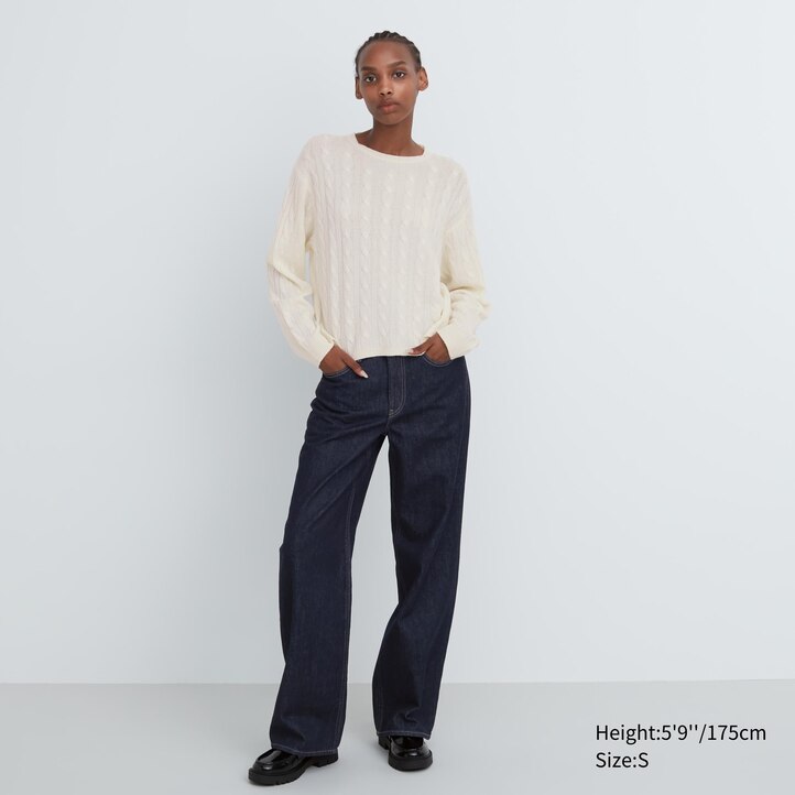 UNIQLO 100pct Cashmere Cable Knit Crew Neck Cropped Jumper Bej Rengi | 146-ESVMYP