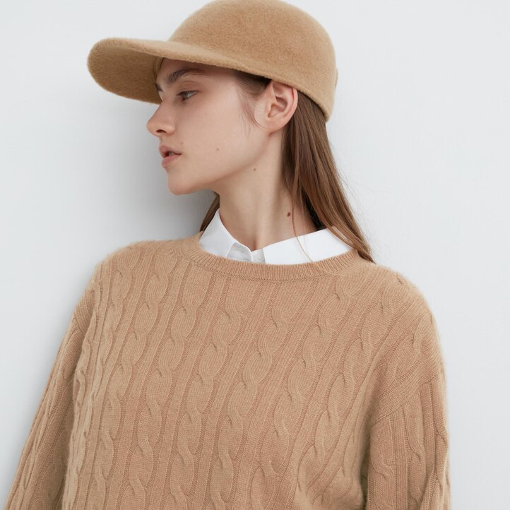 UNIQLO 100pct Cashmere Cable Knit Crew Neck Cropped Jumper Bej Rengi | 146-ESVMYP