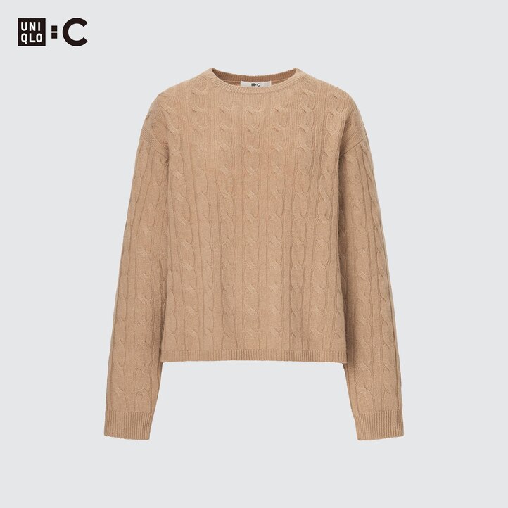 UNIQLO 100pct Cashmere Cable Knit Crew Neck Cropped Jumper Bej Rengi | 146-ESVMYP