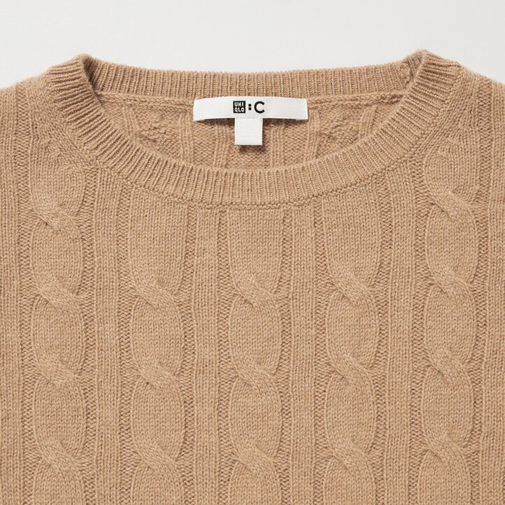 UNIQLO 100pct Cashmere Cable Knit Crew Neck Cropped Jumper Bej Rengi | 146-ESVMYP