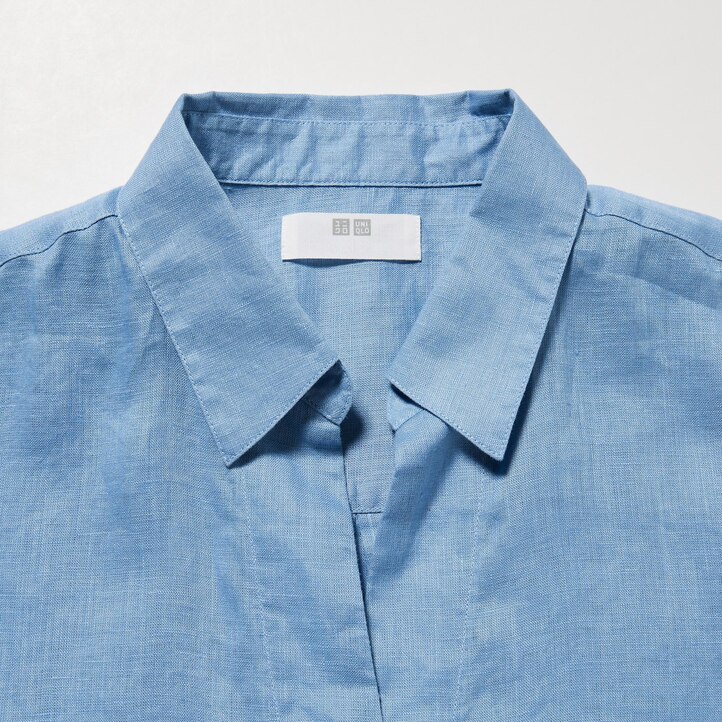 UNIQLO 100pct Premium Linen Skipper Collar 34 Sleeved Shirt Mavi | 427-NBQHUK