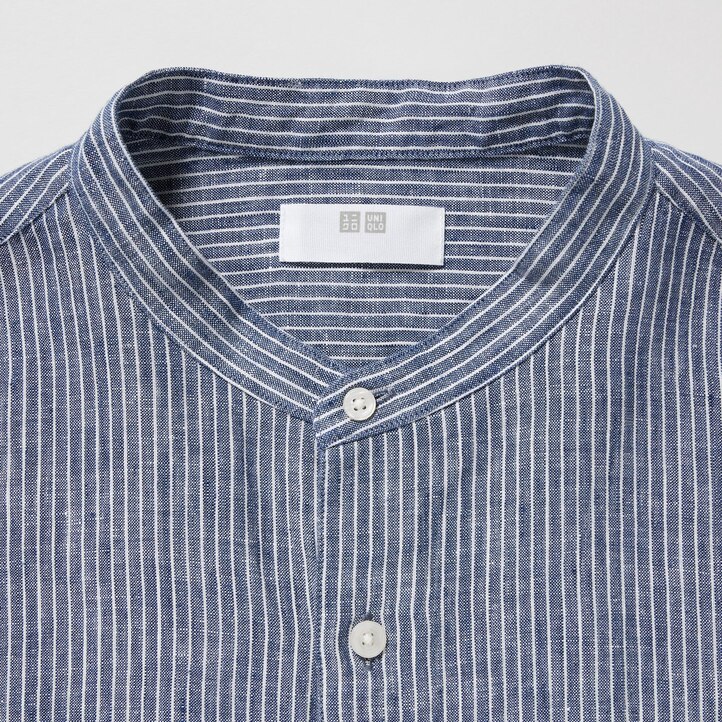 UNIQLO 100pct Premium Linen Striped Regular FiT-Shirt Grandad Collar Mavi | 170-BFYMJI