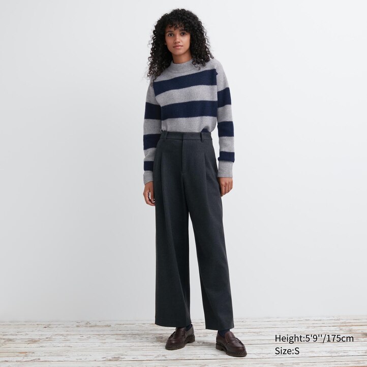 UNIQLO Brushed Jersey Pleated Wide Leg Trousers Short Koyu | 568-ARGCKT